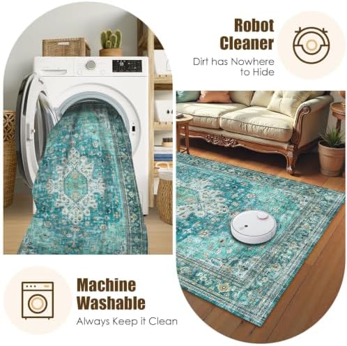 Washable Area Rug 9' x 12' Vintage Traditional Persian Mat - Foldable Distressed Non-Slip Machine Washable Carpet for Living Room Bedroom Kitchen Home Decor - Teal and Gold