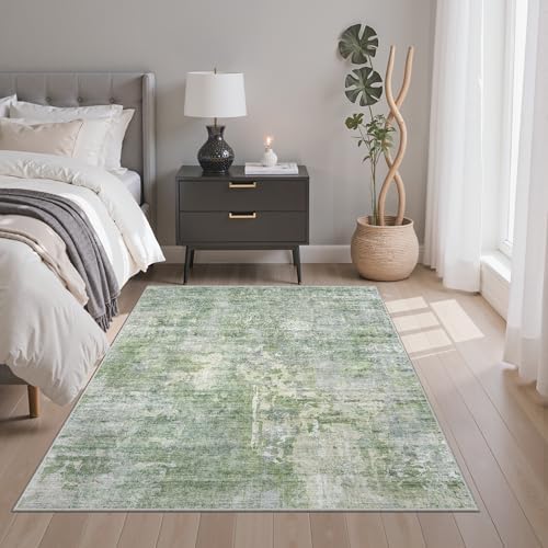 Soalmost Abstract 4x6 Area Rug Washable Rugs for Living Room, Green/Ivory