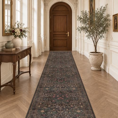 Washable Boho 3x16 Long Runner Rug for Hallway Non Slip, Ultra Thin Large Kitchen Indoor Floor Rugs for Entryway Hall Way, Stain Resistant Low Pile Vintage Brown Floral Carpet