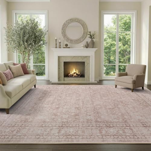 6x9 Ft Large Area Rugs for Living Room, Soft Non-Slip Machine Washable Rug, Vintage Stain Resistant Carpets for Bedroom Nursery Dining Room Home Decor (Grey Pink)