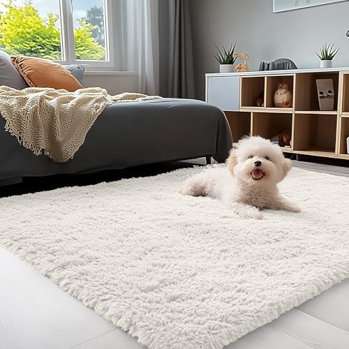OLANLY 4x12 Area Rugs for Living Room Bedroom, Machine Washable Soft Fluffy Shaggy Bedside Rug, Indoor Floor Carpet for Kids Girls and Boys, Dorms, Nursery Rooms, Home Decor Aesthetic, Ivory