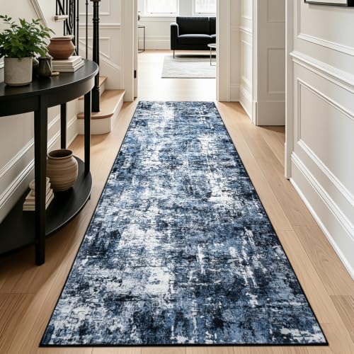 Rugflix 3x12 Runner Rug for Hallway, Washable Navy Blue Long Runners