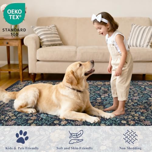 DUKINO 10x14 Rug for Living Room Washable Vintage Floral Area Rug Dark Blue