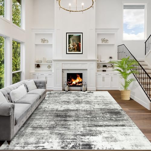5x7 Area Rugs for Living Room: Washable Abstract Black Grey Bedroom Carpet