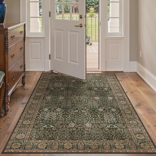 Bavni 4x6 Washable Area Rug for Living Room, Dark Green Brown