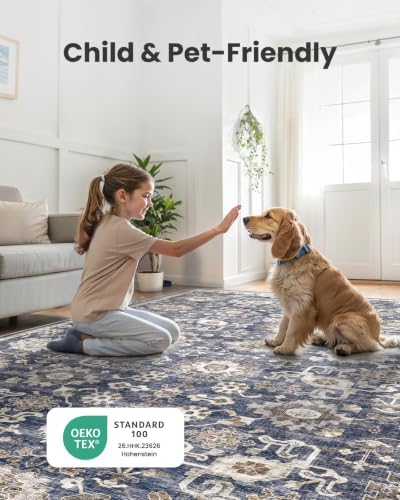 Amada Small 2x4 Washable Area Rug for Entryway, Blue/Brown, Vintage Pattern