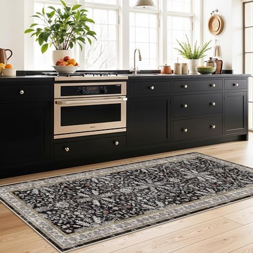 3x8 Hallway Runner Rug Washable Non-Slip – Boho Floral Soft Wide Carpet Runner for Kitchen Entryway Bathroom Bedroom – Low-Pile Thin Floor Mat with Rubber Backing (Black,3x8)