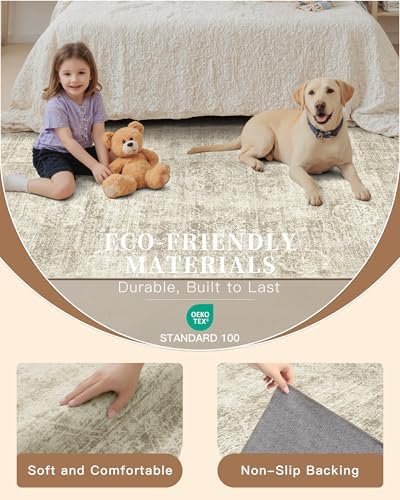 Madane 6x9 Area Rugs for Living Room, Washable Vintage Beige Rug