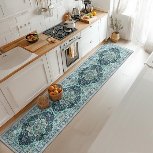 BESTSWEETIE Washable Boho 2x10 Area Rug for Living Room, Teal Dark Green
