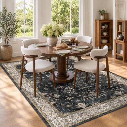 Black Modern Farmhouse 5x8 Area Rug for Living Room, Boho Large Entryway Rug, Dark Floor Carpet for Kitchen Under Small Dining Table, Bedroom - Washable Low Pile Waterproof Non Slip & Stain Resistance