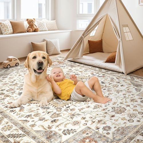 cotiled 8x10 Area Rug for Living Room, Washable, Traditional, Golden Taupe