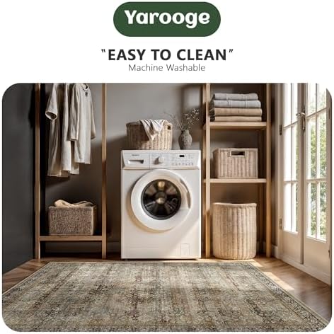 2x10 Hallway Runner Rug, Washable Vintage Retro Long Runner Rugs for Kitchen Laundry, Soft Ultra Thin Non Slip Low Pile Traditional Distressed Boho Carpet for Bedroom Bathroom, Charcoal Olive