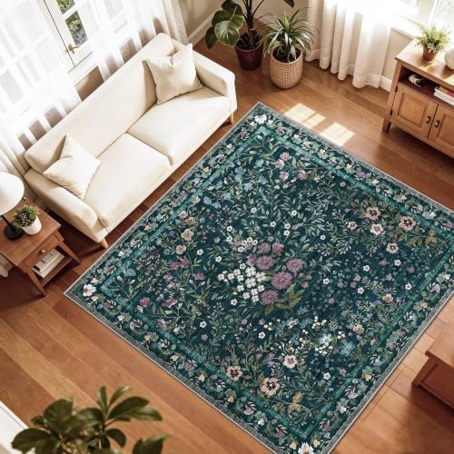 6x6 Washable Area Rug Living Room: Floral Non-Slip Washable Mat for Indoor Floor Dining Room Bedroom High Traffic Area - Soft Low Pile Carpet for Vintage Boho Home Decor (6ft Square, Green)