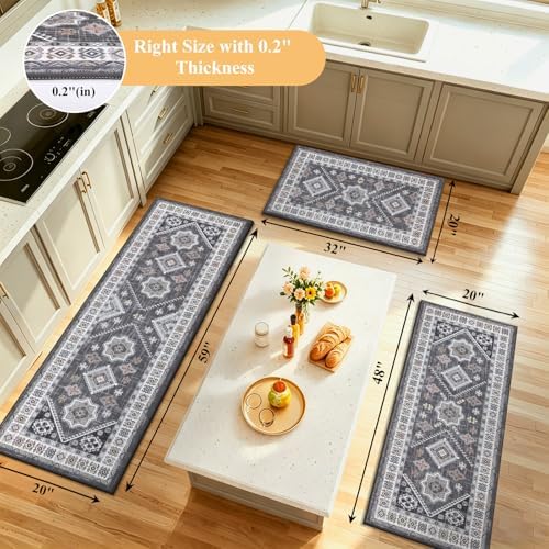 HEBE Boho Kitchen Rugs Set of 3, Non Slip Washable Kitchen Mats for Floor