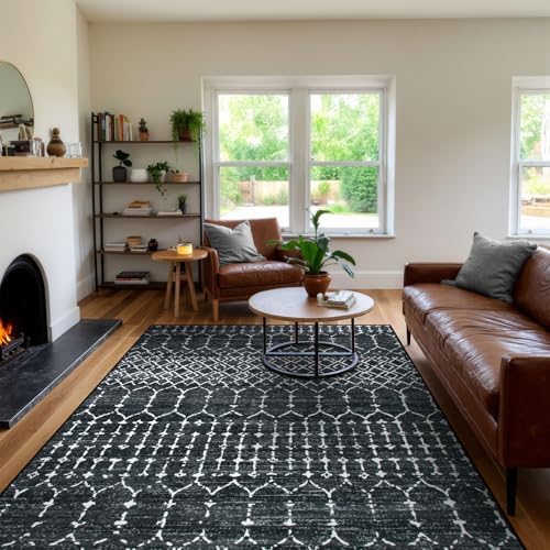Lahome Moroccan Black Area Rugs 6x9 Living Room - Non-Slip Backing Ultra-Thin Large Throw Stain Resistant Dining Room Rugs for Under Table, Geometric Print Modren Soft Carpet for Bedroom Office Hana