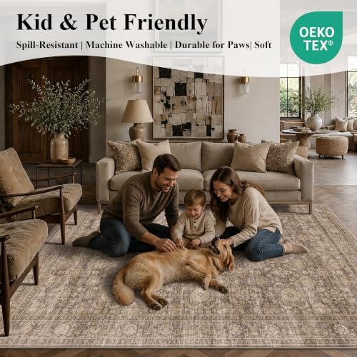 JOOJA 2x3 Neutral Tan Vintage Soft Low Pile Washable Boho Entryway Rug