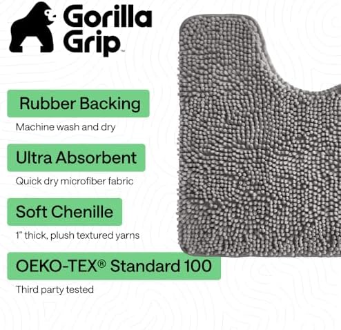 GORILLA GRIP Chenille Bath Rug Mat for Oval Toilet Base, 24x19 Gray