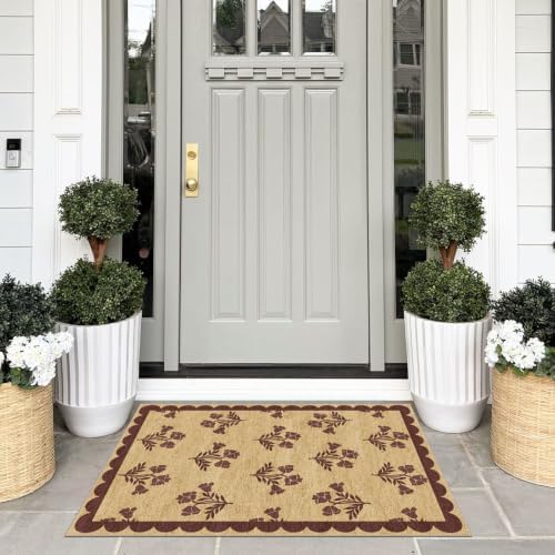 Floral Entry Rug - 28" x 43" Front Door Mat Indoor Outside Entrance Non-Slip Washable Outdoor Mat Jute-Look Burgundy Scalloped Rug for Entryway Kitchen Mudroom Layered Doormat for Front Porch