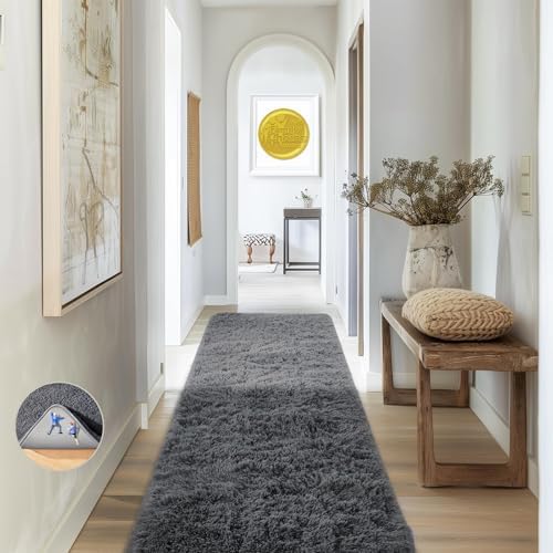 Ophanie 2x8 Runner Rug for Hallway, Upgrade Non-Slip Fluffy Soft Bedside Rugs, Bedroom Living Room Grey Shaggy Gray Carpet for Kids Dorm Home Decor with Over 99 pcs Pile fibers