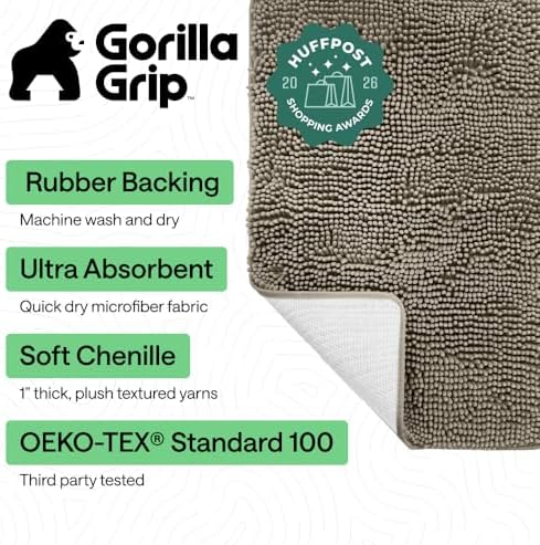 GORILLA GRIP Bath Rug Mat for Bathroom, Absorbent Chenille, 44x26 Latte