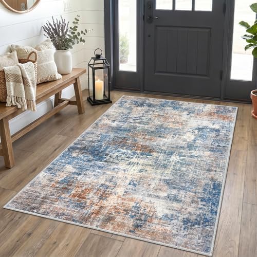 IOHOUZE Abstract Area Rug 4x5 Ft Washable Rugs for Entryway Indoor, Non Slip Small Living Room Rugs Printed Faux Wool Throw Rug, Floor Carpet for Kitchen Nursery Playroom, Blue Rust
