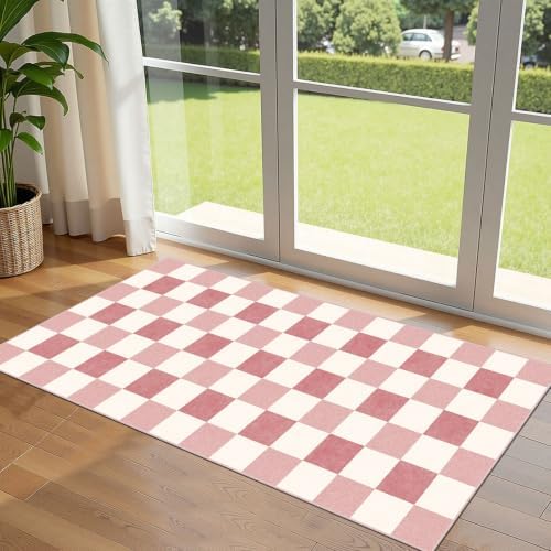 Front Door Mat Indoor Entrance, 2x4.3 Cute Pink White Checkered Rug