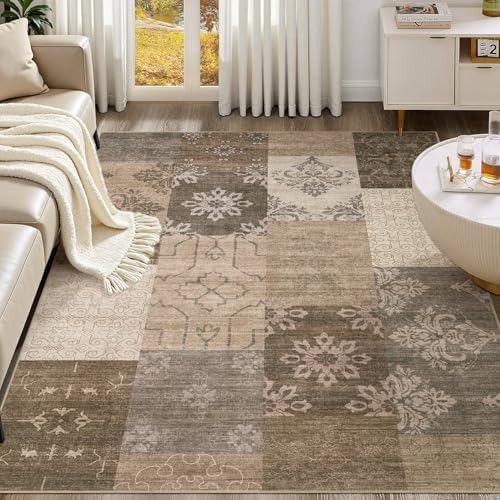 UERMEI 5x7 Area Rug for Living Room, Washable Brown Modern Geometric Patchwork Non Slip Stain Resistant Low Pile Foldable Carpet for Bedroom Dining Farmhouse Home Office