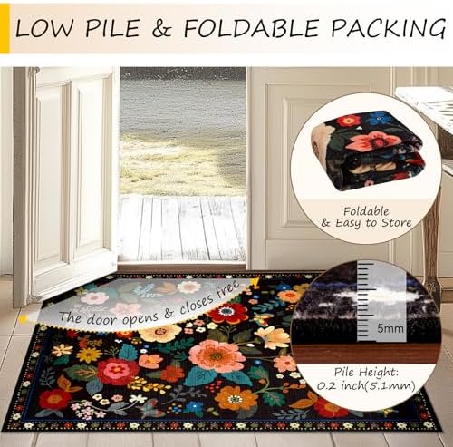 Floral Washable 2x4 Area Rugs Runner Entryway Hallway Black