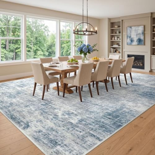 IOHOUZE Abstract Area Rugs 9x12 Ft Washable Large Rugs for Living Room, Non Slip Dining Room Rug, Printed Faux Wool Rugs for Bedroom, Floor Carpet for Office Nursery Playroom, Light Blue Grey