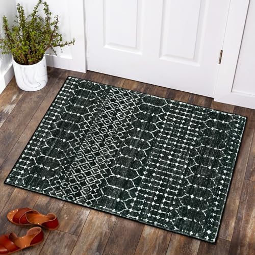 Lahome Moroccan Entry Rug 2x3, Non-Slip Washable Front Indoor Door Mat Rubber Backing Low-Profile Door Rugs, Small Geometric Print Distressed for Entryway Bathroom Kitchen, Black Hana