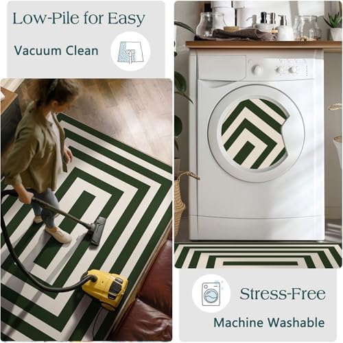 Front Door Mat Indoor Entrance 2x4.3 Modern Green White Striped Rug