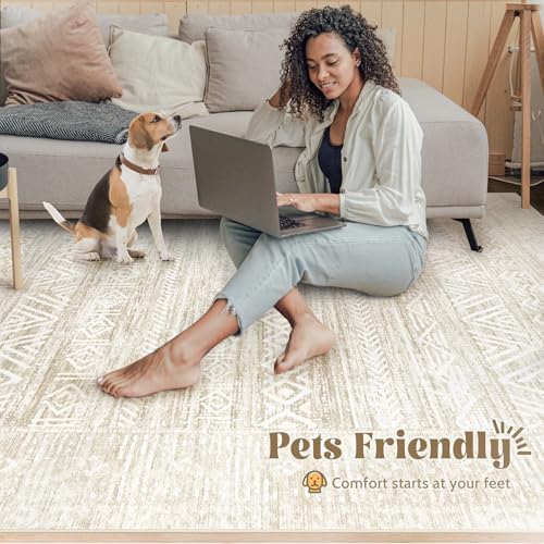 2x8 Washable Runner Rug: Moroccan Geometric Boho Rug Farmhouse Non Slip Stain Resistant Rugs Low Pile Soft Carpet for Porch Kitchen Laundry Room Living Room Bedroom (Ivory Beige,2'x8')