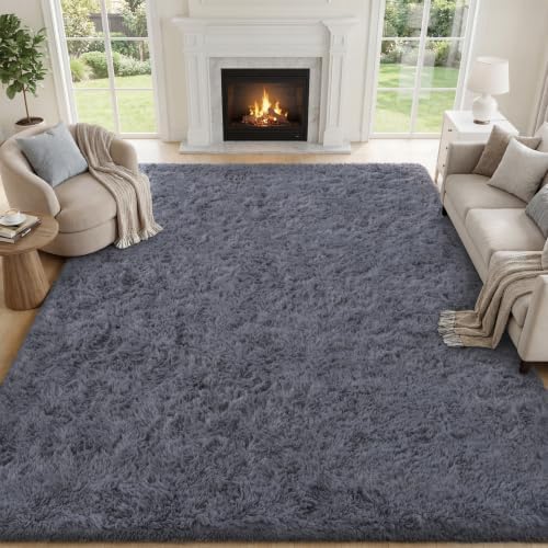PLHXFR 10x14 Area Rugs Living Room: Fluffy Bedroom Rug Shag Carpet Grey