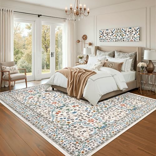 GarveeHome Beige Floral 8x10 Washable Area Rug for Living Room Bedroom