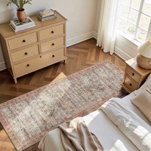 2x6 Hallway Runner Rug, Washable Vintage Retro Long Runner Rugs for Kitchen Laundry, Soft Ultra Thin Non Slip Low Pile Traditional Distressed Boho Carpet for Bedroom Bathroom, Rust Clay