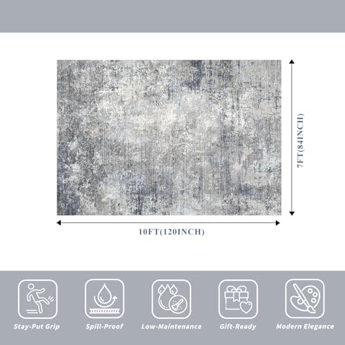 7x10 Rug for Living Room Washable – Non-Slip Soft Carpet for Bedroom Dining Room,Modern Neutral Abstract Low Pile Stain-Resistant Area Rug(Blue Grey,7x10)
