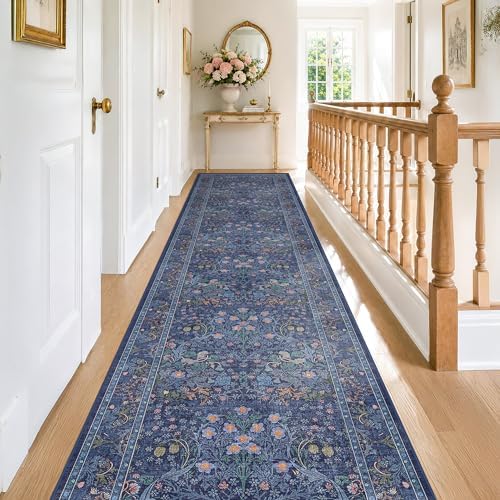 Vintage 3x16 Wide Hallway Runner Rug Non Slip, Ultra Thin Large Kitchen Indoor Floor Rugs for Entryway Hall Way, Soft Stain Resistant Low Pile Blue Floral Carpet