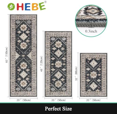 HEBE Boho Kitchen Rugs Set of 3, Non Slip Washable Kitchen Mats for Floor
