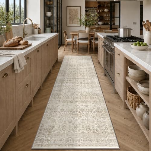 JOOJA 3x10 Neutral Beige Soft Low Pile Non Slip Machine Washable Runner Rug