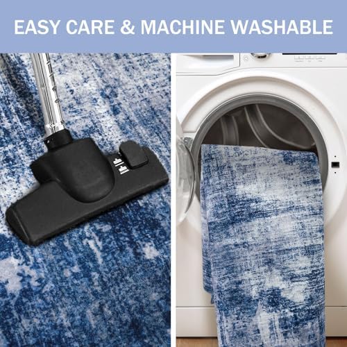 IOHOUZE Abstract Area Rugs 8x10 Ft Washable Large Rugs for Living Room, Non Slip Dining Room Rug, Printed Faux Wool Rugs for Bedroom, Floor Carpet for Office Nursery Playroom, Navy/Grey