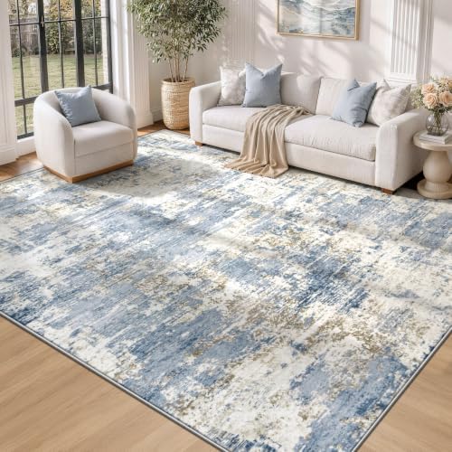 XLUEZ 10x14 Area Rugs for Living Room, Washable Modern Abstract Large Area Rug Neutral Soft Non Slip Kids Rug Stain Resistant Indoor Carpet for Bedroom Dining Room Playroom Home Office(Blue, 10'x14')