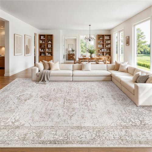 10x12 Washable Area Rugs for Bedroom Beige Brown Non-Slip Rug