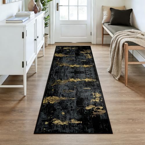 RELEANY Washable Runner 3'x7' Abstract Area Rug for Hallway Black Gold