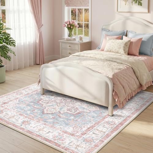 CAPALOCA Square 5ft Washable Nursery Girls Low Pile Area Rug Pink Blue