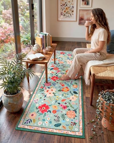 Macgace Floral Area Rug for Kitchen, Washable 2x6 Light Green Runner Rugs