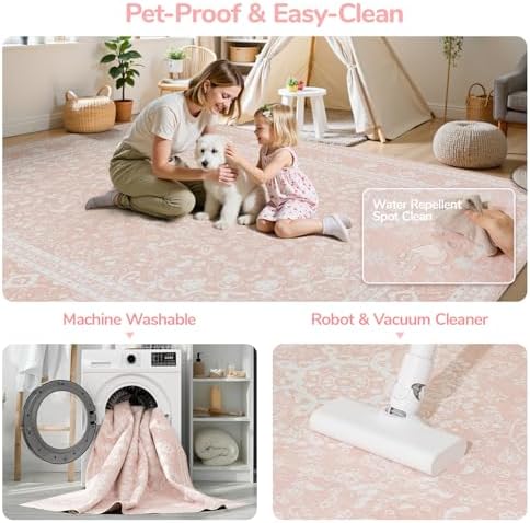 Lessymo Washable Area Rug 5 x 7 for Living Room, Soft Bedroom Rug, Pink