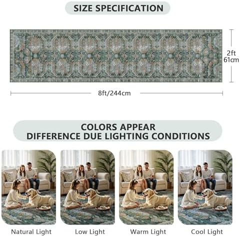 2x8 Hallway Runner Rug, Washable Vintage Retro Long Runner Rugs for Kitchen Laundry, Soft Ultra Thin Non Slip Low Pile Traditional Area Carpet for Bedroom Bathroom Indoor, Green