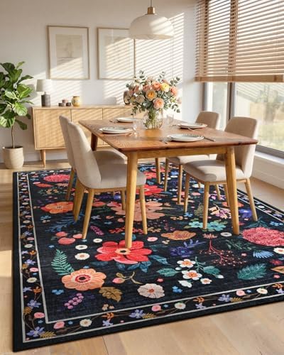Macgace Floral Area Rug for Living Room, Machine Washable 6x9 Black Rugs