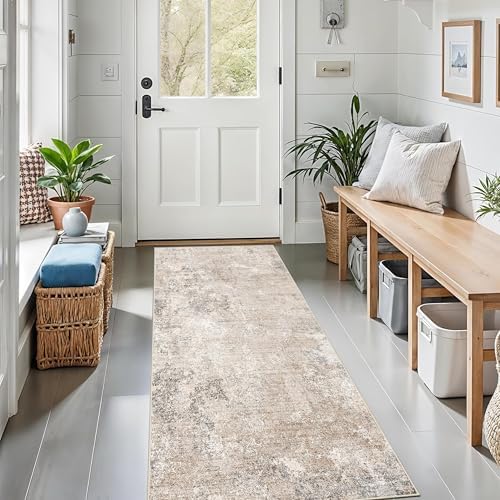 2x6ft Non-Slip Washable Kitchen Rug - Modern Carpet Runner for Hallway,Bedroom Bedside,Laundry Room,Entryway with Rubber Backing – Abstract Neutral Low-Pile Thin (Beige Grey,2x6)
