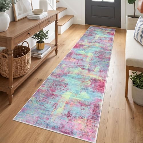 IOHOUZE Abstract Runner Rug 2x7 Ft Washable Runners for Hallways, Non Slip Kitchen Runner Printed Faux Wool Entryway Runners Indoor, Modern Abstract Floor Carpet for Hall Kitchen Bedroom, Pink Teal